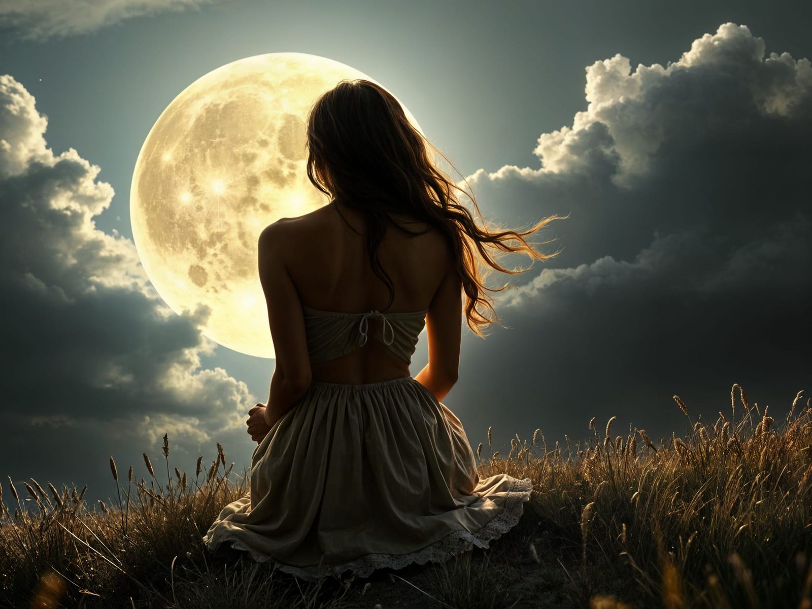 Moonlit Silhouette: Ethereal Woman in Double Exposure