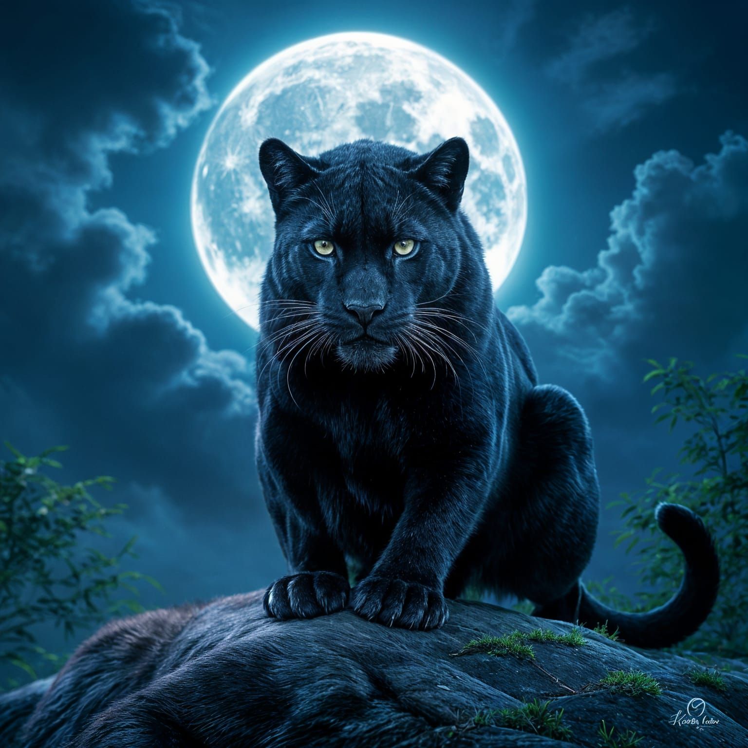 Jet Black Panther with Green Eyes Under Moonlight