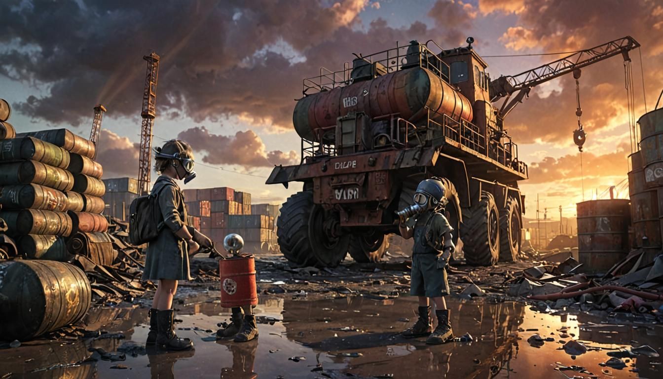 Dieselpunk Children Play Near Port Crane at Sunset