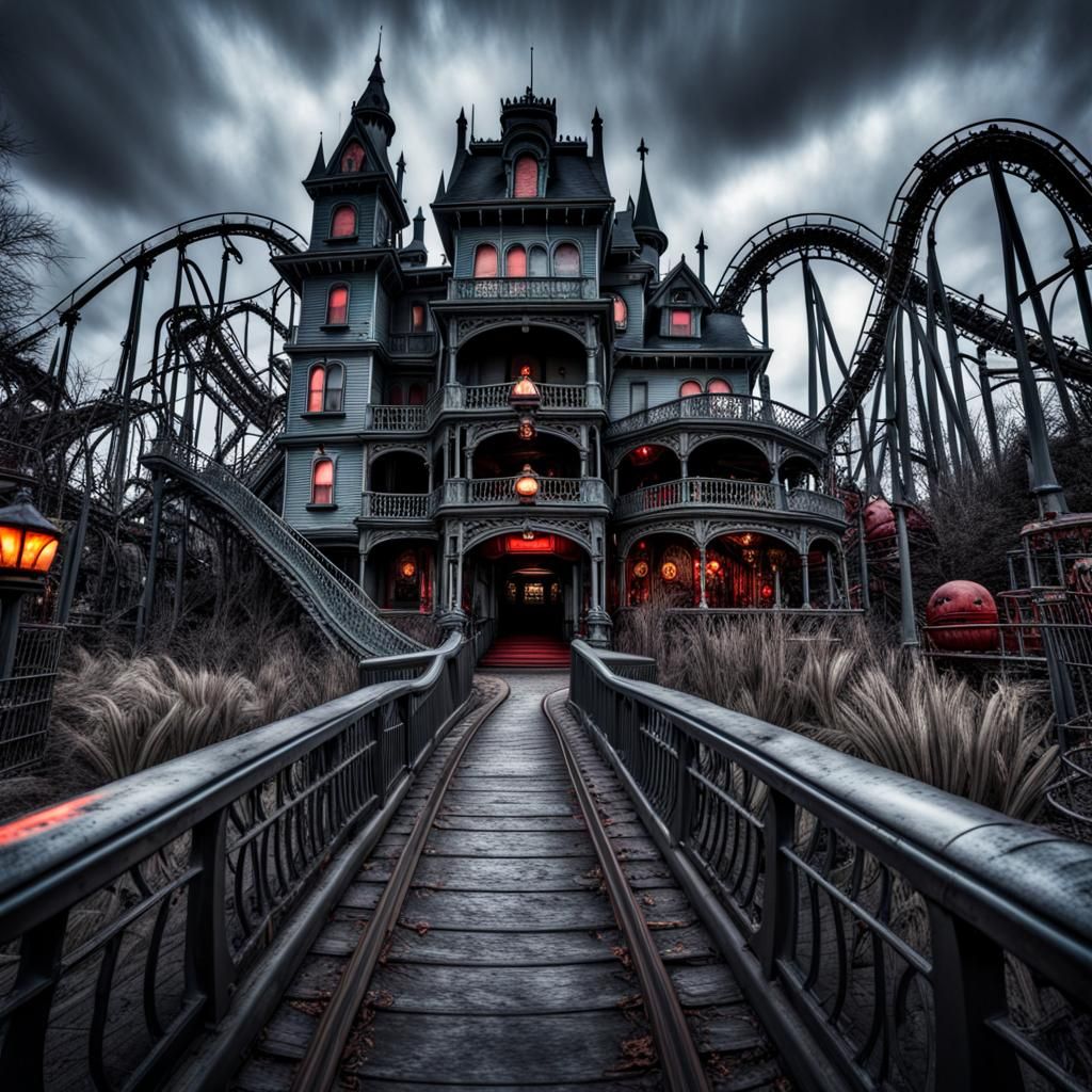 Hyperrealistic Horror Park with Haunted Houses and Rides