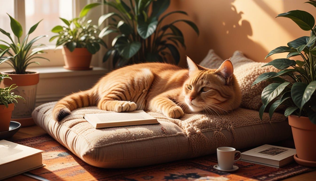 Cozy Millennial Cat in Lo-Fi Digital Illustration