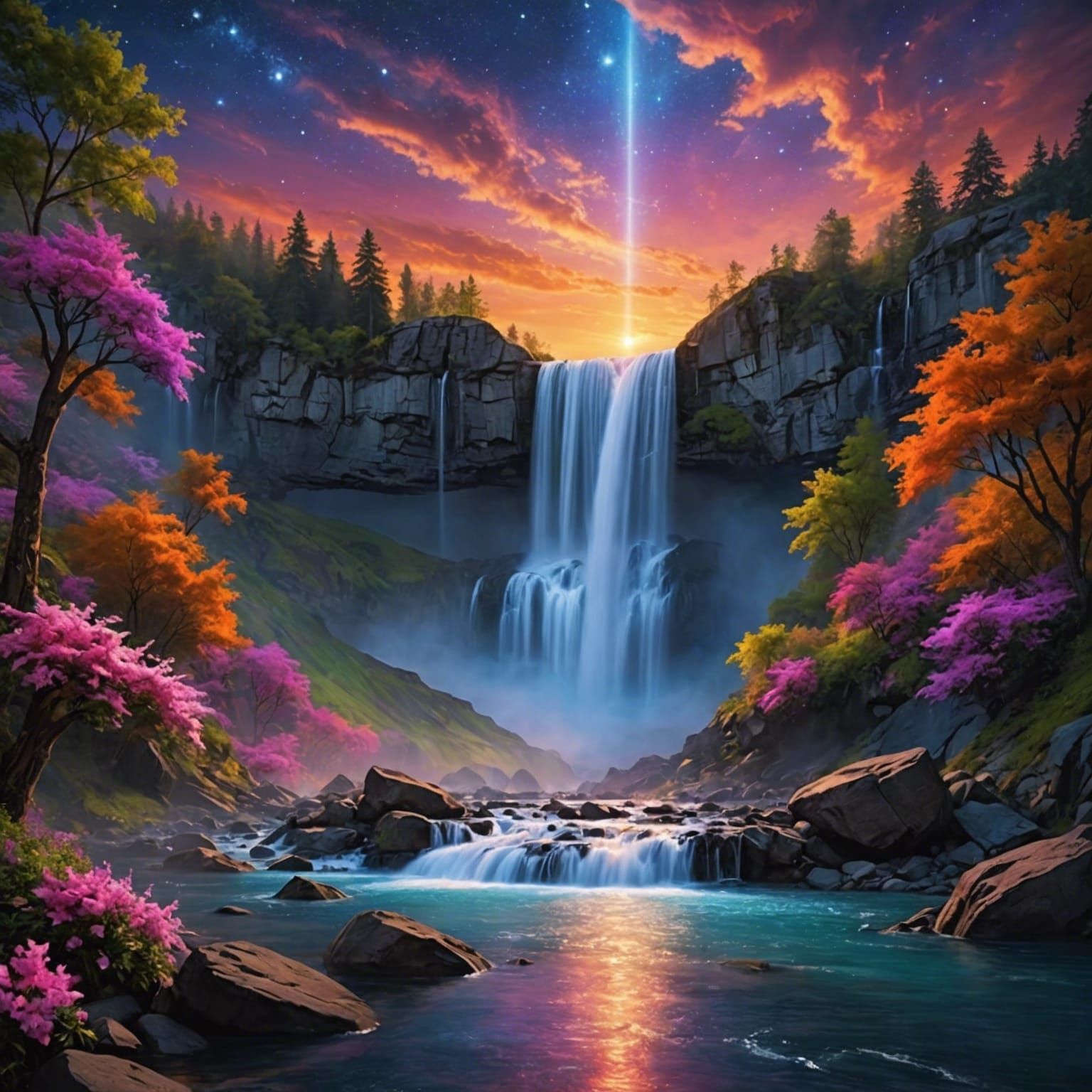 Surreal Celestial Waterfall in Cosmic Sunset