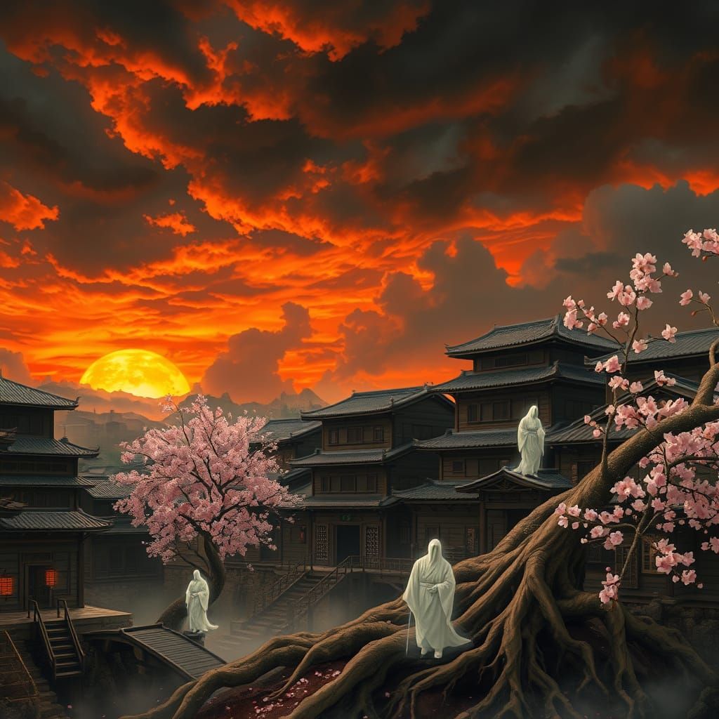Surreal Digital Art of Ancient Japanese Cityscape with Ghost...