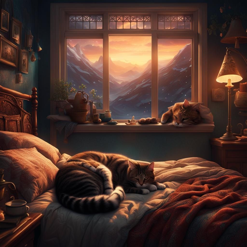 Cozy Bed Scene with Sleeping Person and Cat