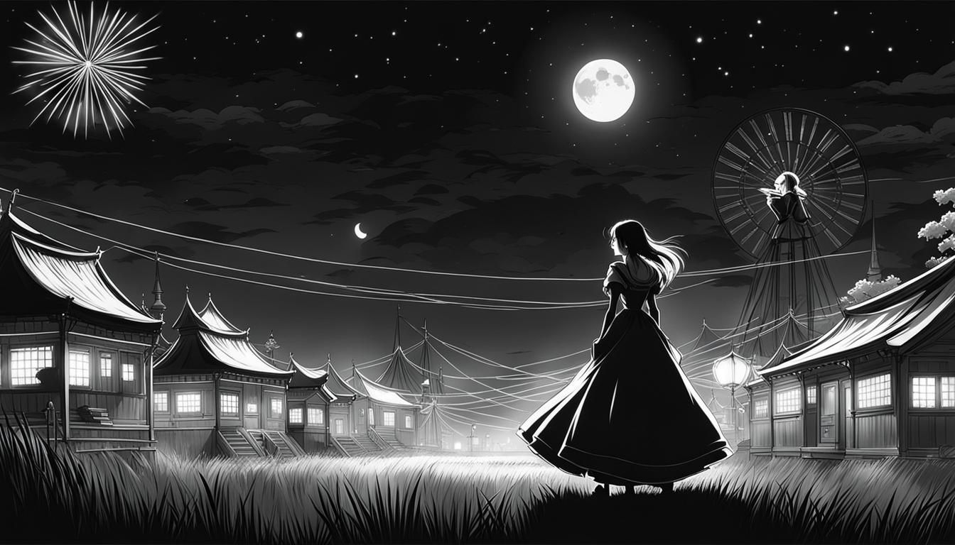 Monochrome Victorian Woman at Night Festival