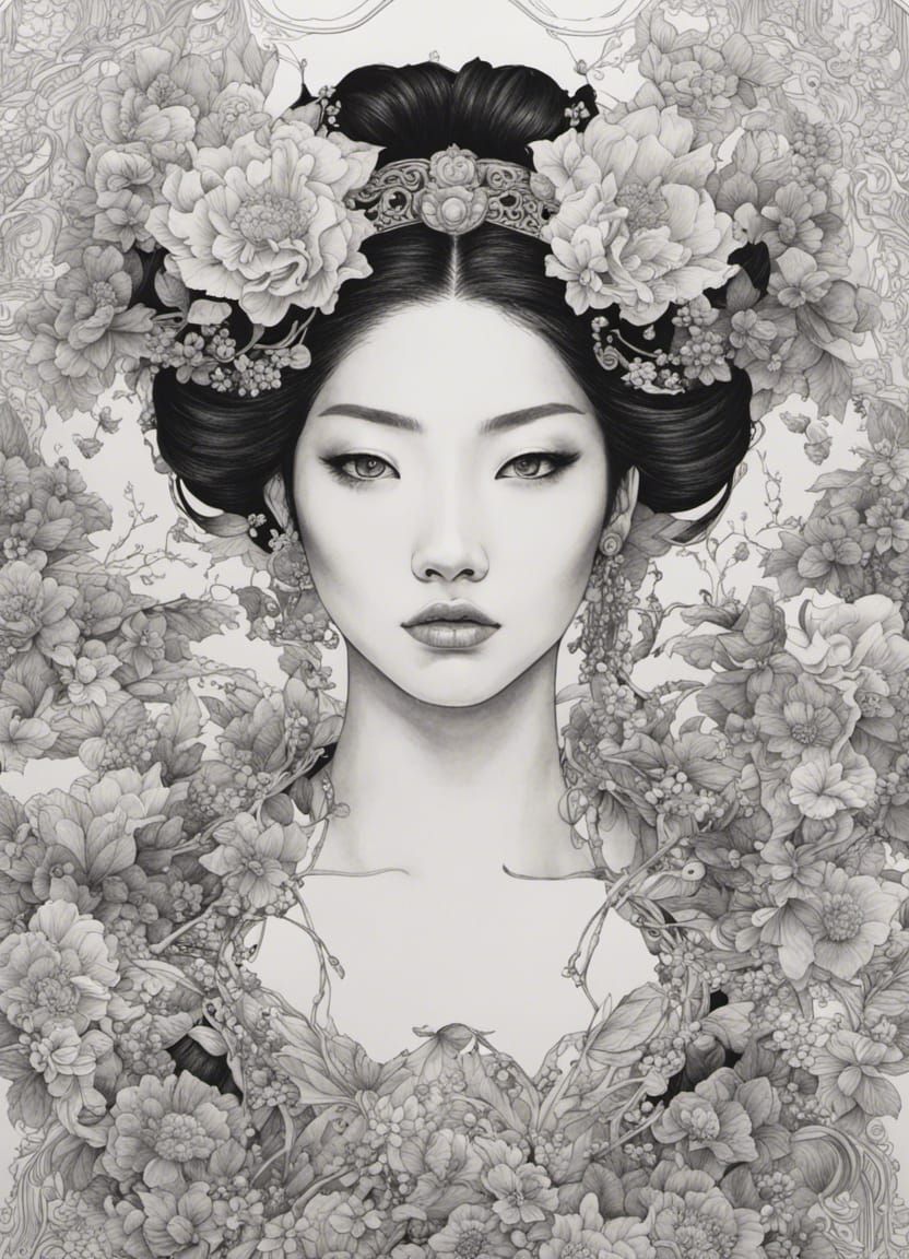 Japanese princess covered by flowers