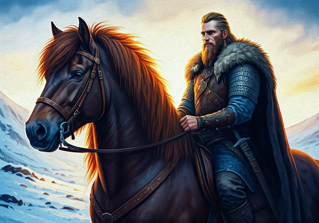 Viking and Icelandic Horse in Winter, Impasto Painting