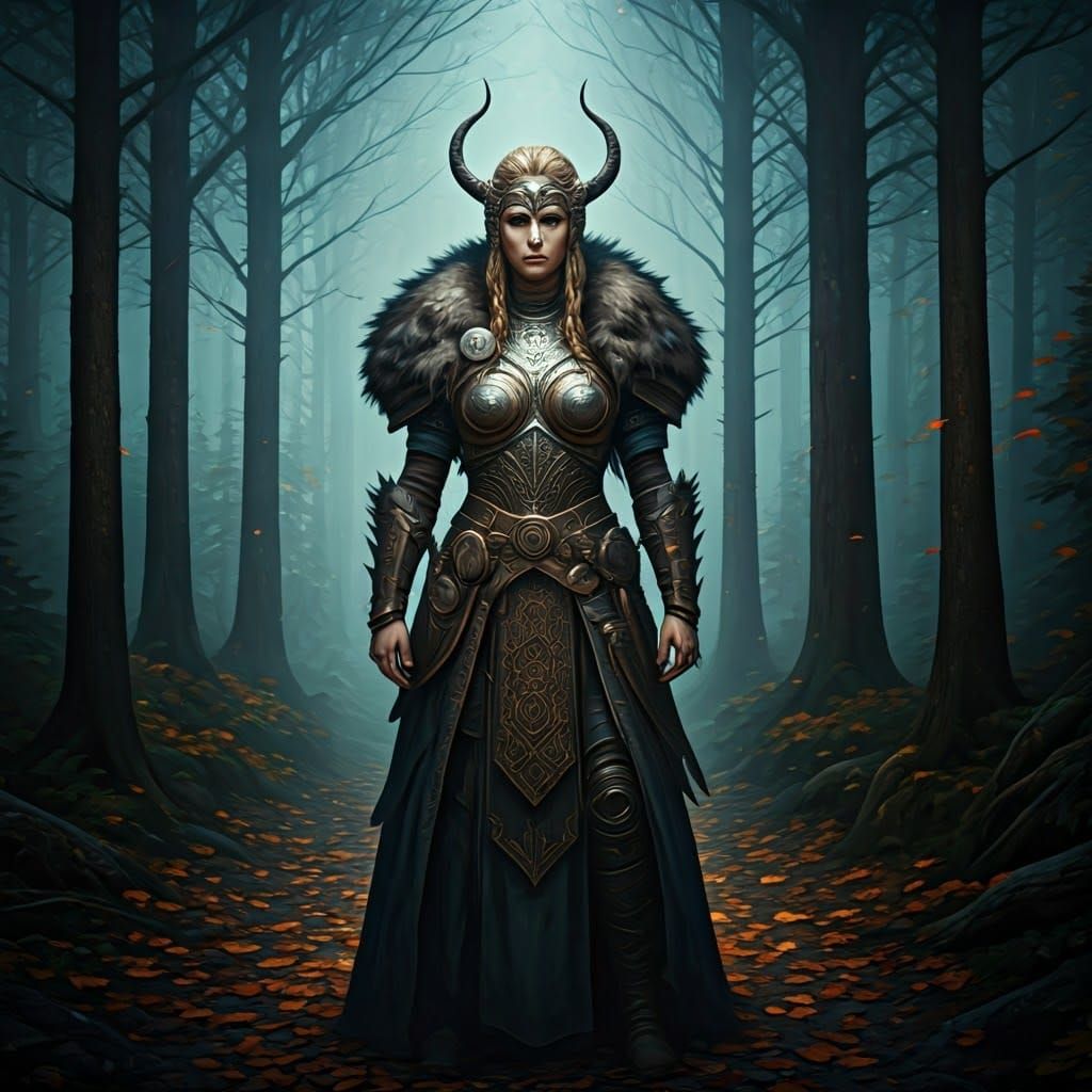 Nordic Goddess of War and Death in Enchanted Forest