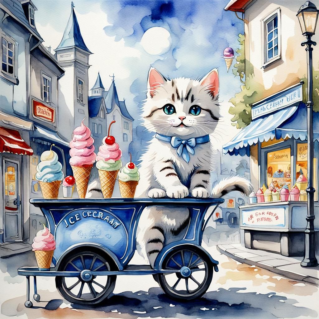 Cute kitten with an ice-cream.