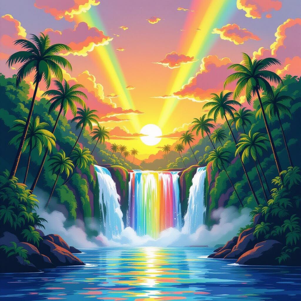 Rainbow Waterfall Dreamscape with Sunset, Digital Art