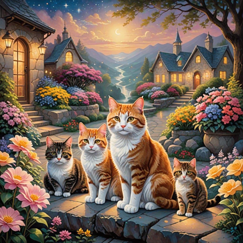 Whimsical Cats in a Golden Idyllic Scene