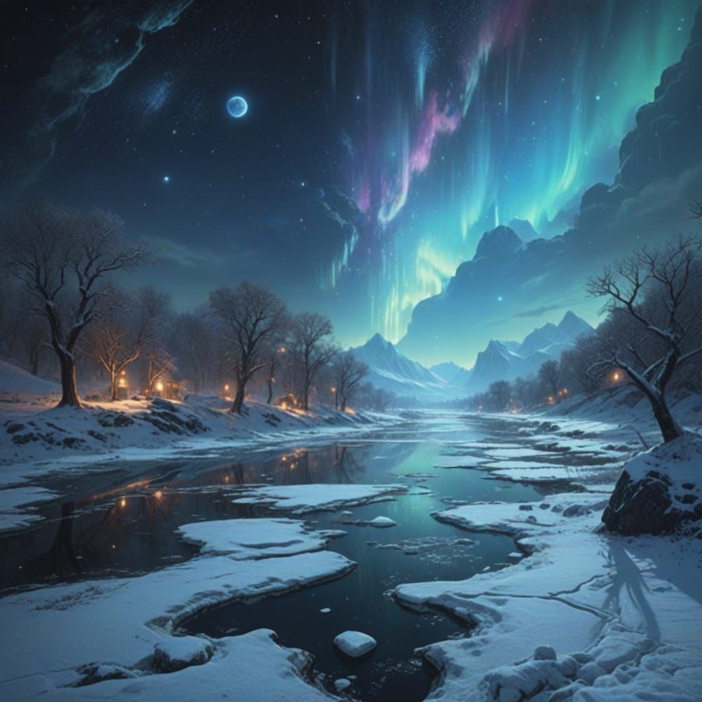 Frozen River Under Aurora, Detailed Digital Illustration