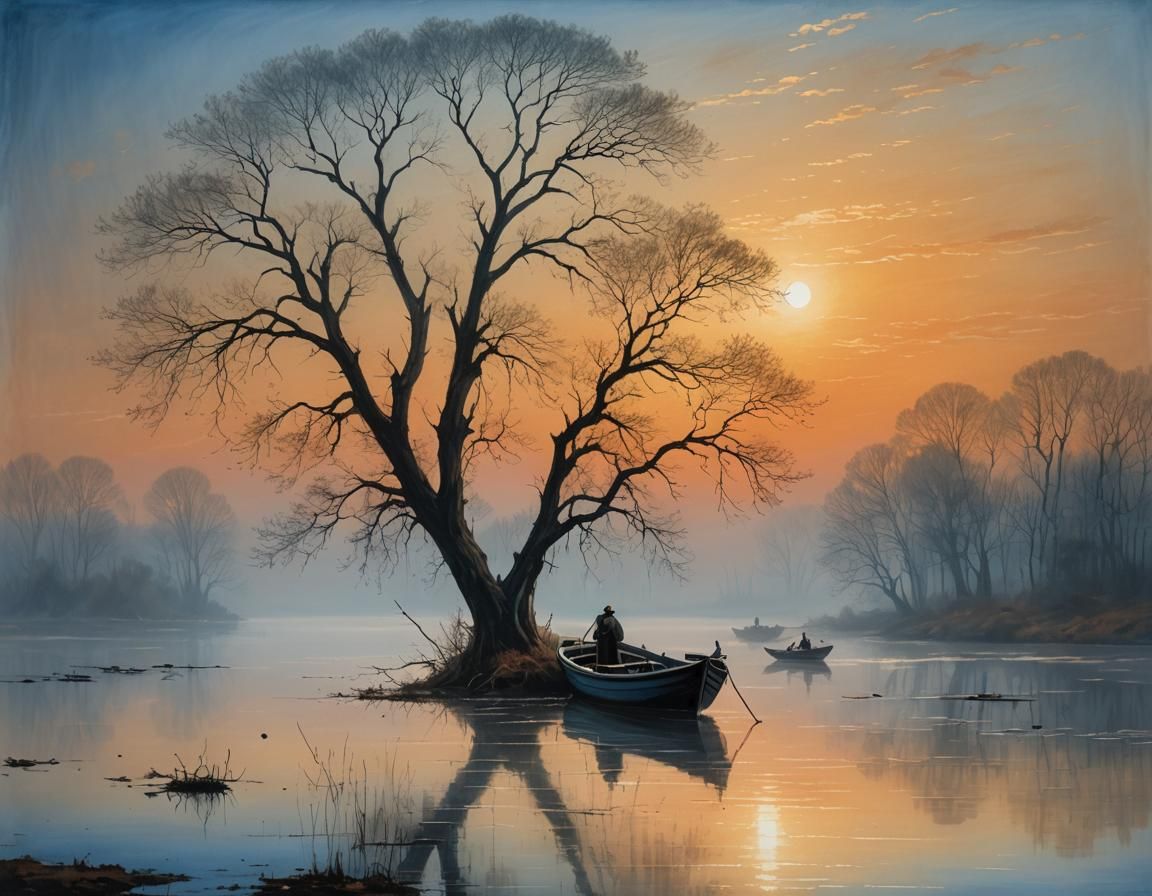 Misty Lagoon at Dusk: Romanticism Landscape