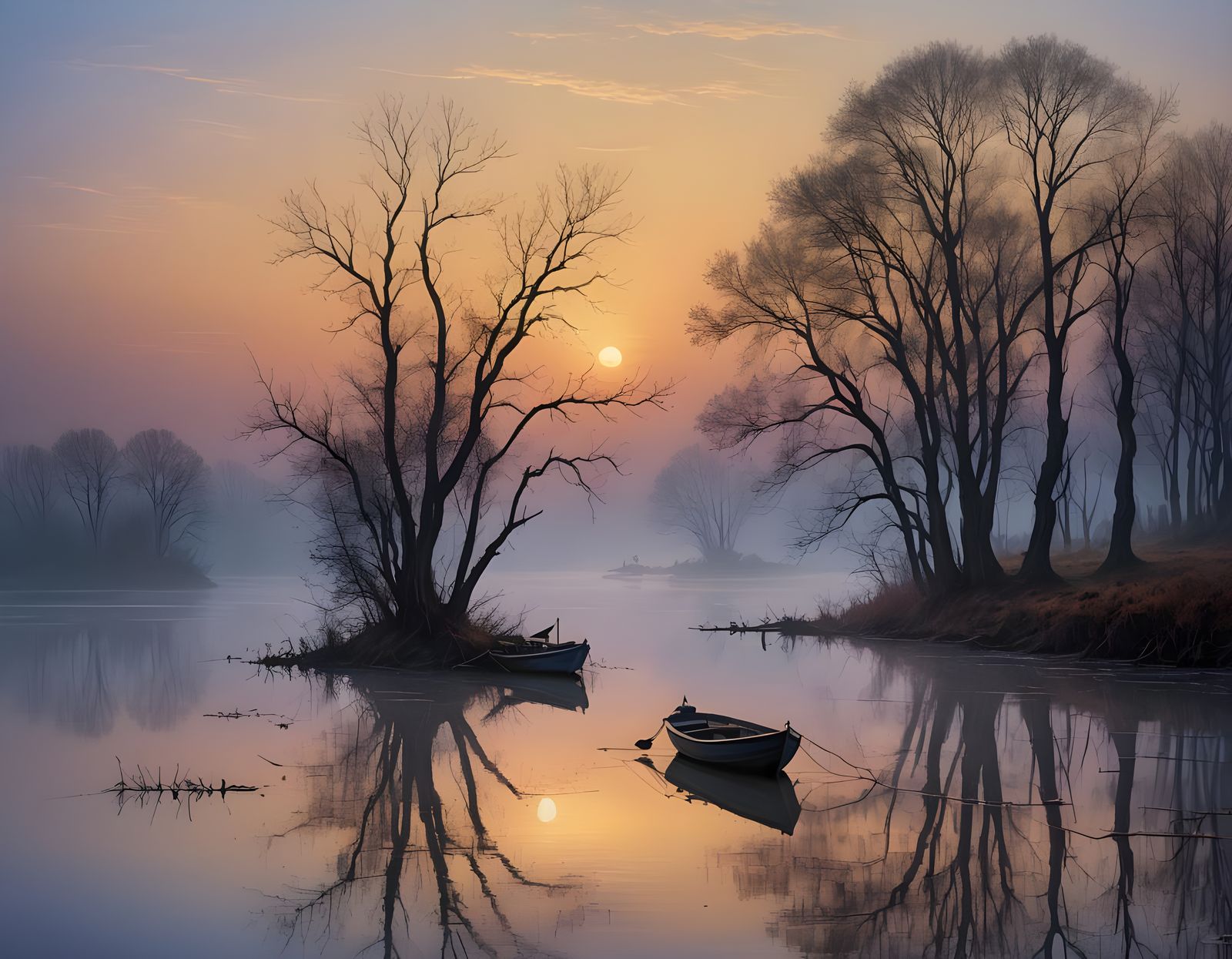 Misty Lagoon at Dusk in Romantic Style