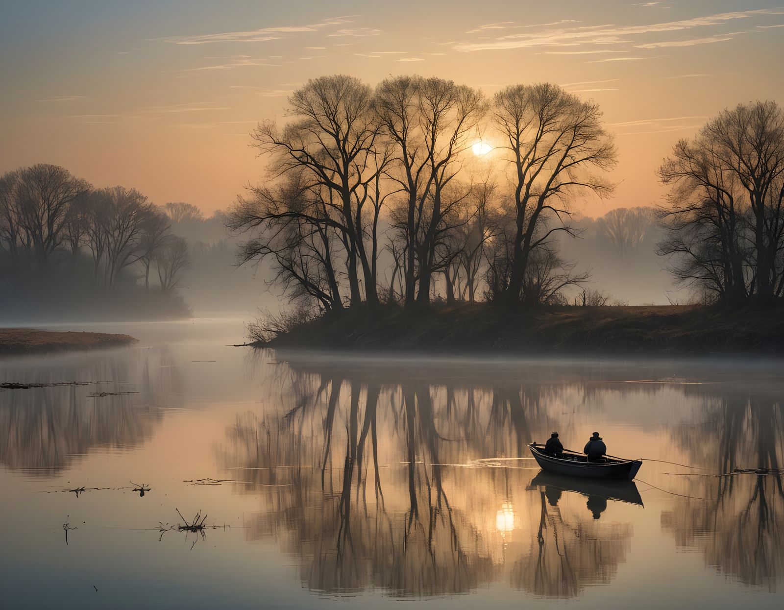 Misty Lagoon at Dusk: Romanticism Landscape