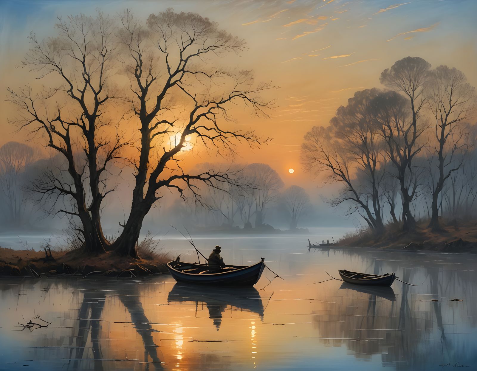 Misty Lagoon: Fishing Boat in Romantic Landscape