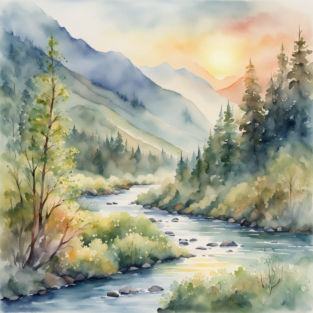 Watercolor River in Spring Mountains at Sunrise