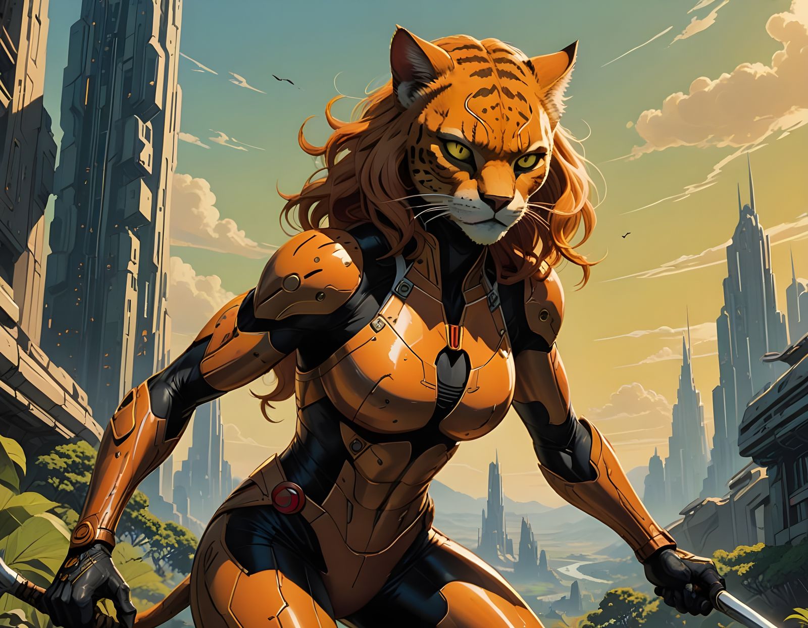 Cheetara from Thundercats in Heroic Pose, Cyberpunk-Inspired...