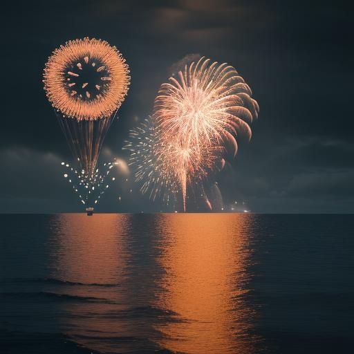 Ocean Balloons Aglow with Fireworks in Hyperrealistic Style