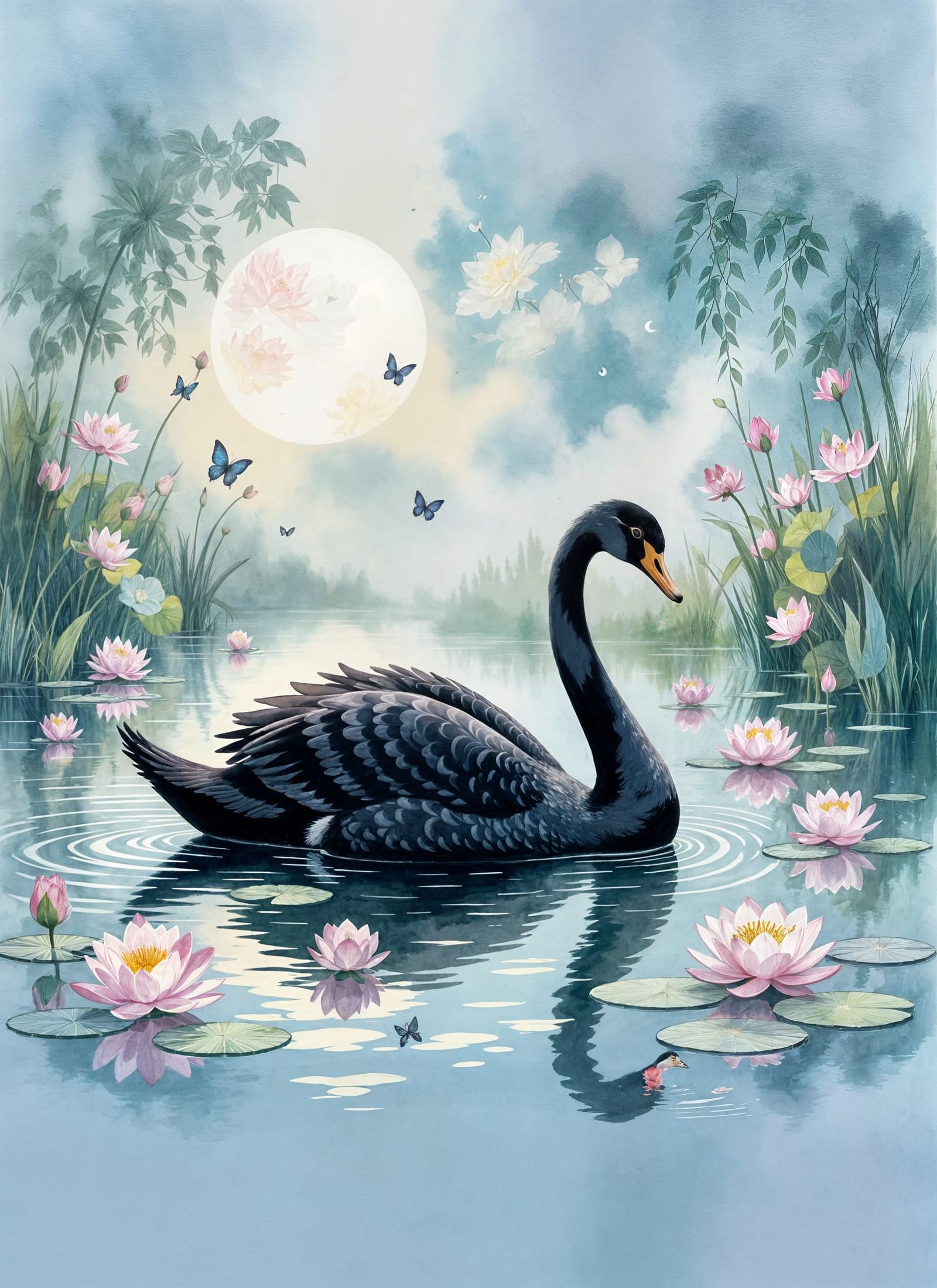 Black Swan in Dreamy Watercolor Style