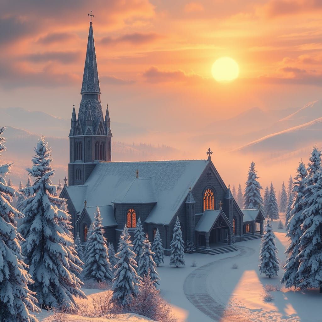 Winter Church in Golden Sunset
