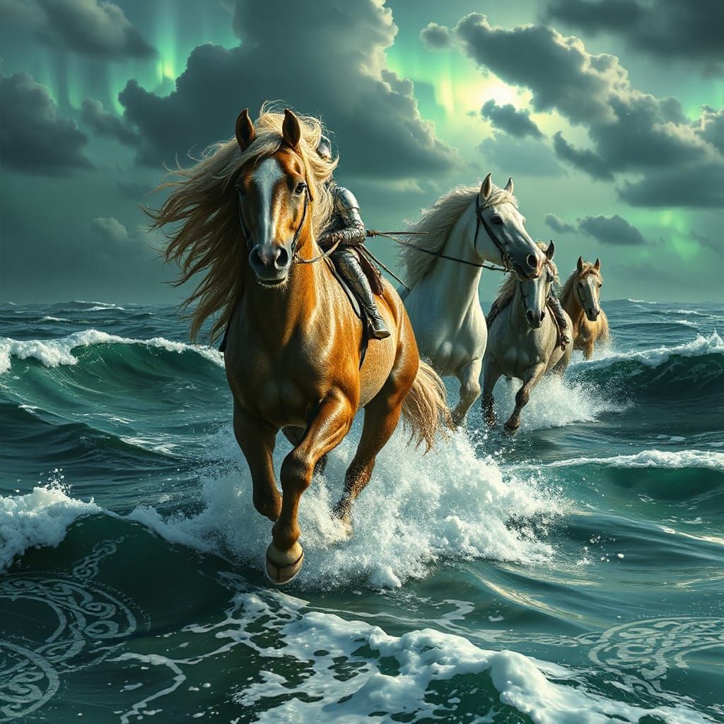 Majestic Horses Galloping Across Stormy Emerald Sea