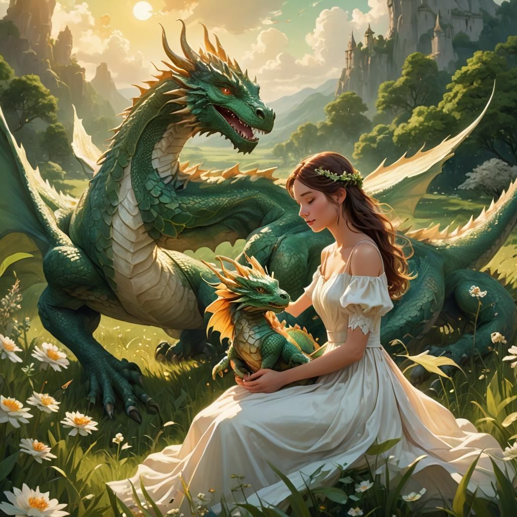 Girl Hugs Dragon in Whimsical Meadow Illustration