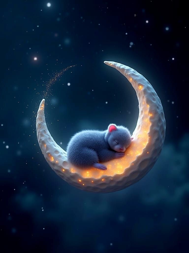 Dreamy Fantasy Landscape with Baby Platypus on Glowing Cresc...