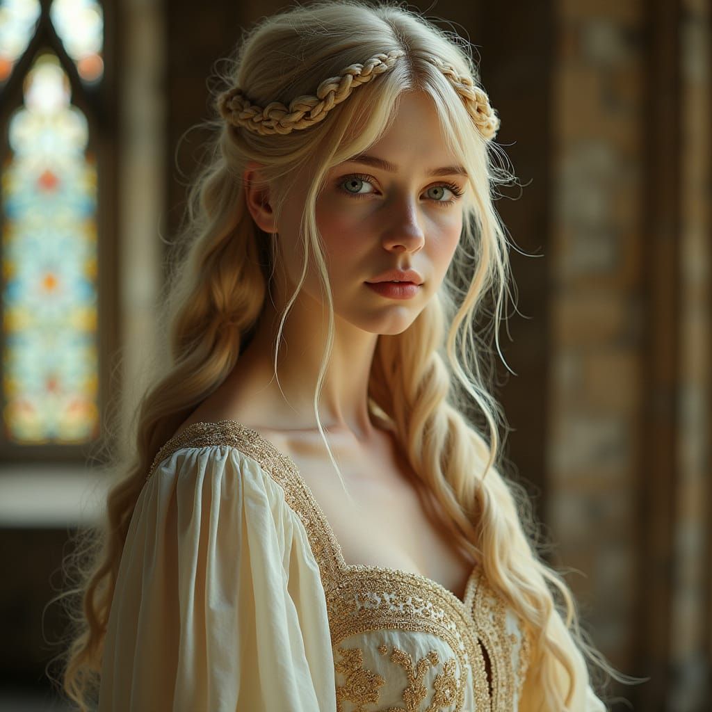 A Young Maiden in a Pre-Raphaelite Medieval Castle Scene