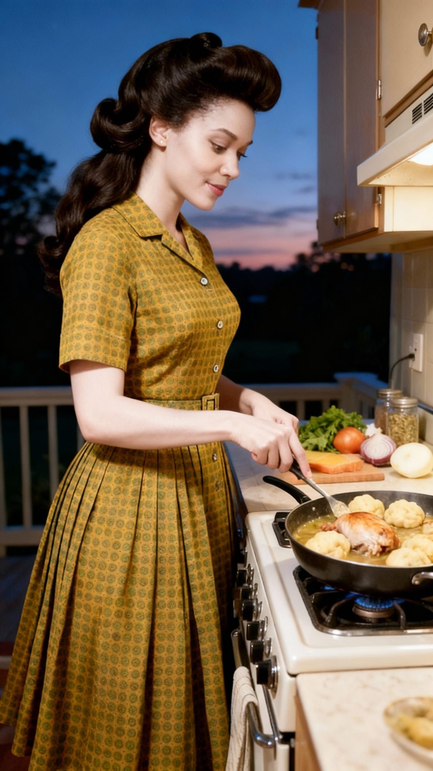 1950s Woman Cooks Chicken and Dumplings in Retro Kitchen