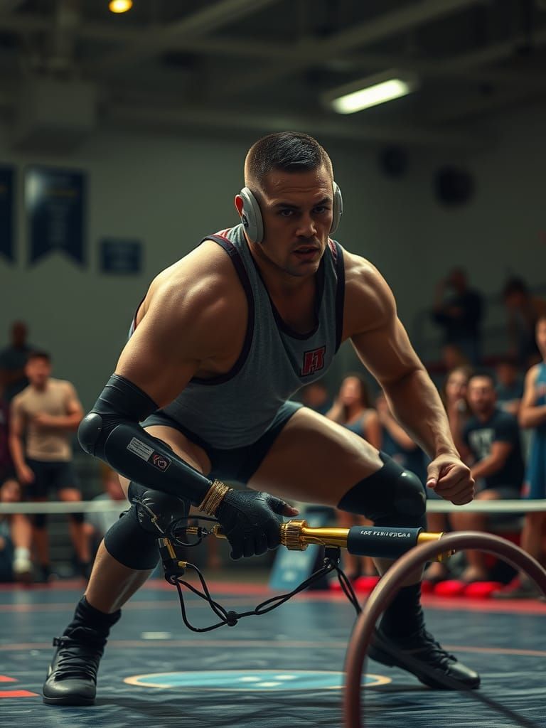 Amputee in prosthetics doing wrestling