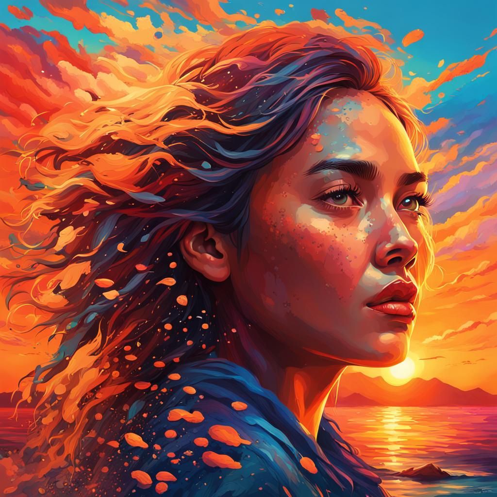Hyperrealistic Sunset Featuring Women in Splash Art Style