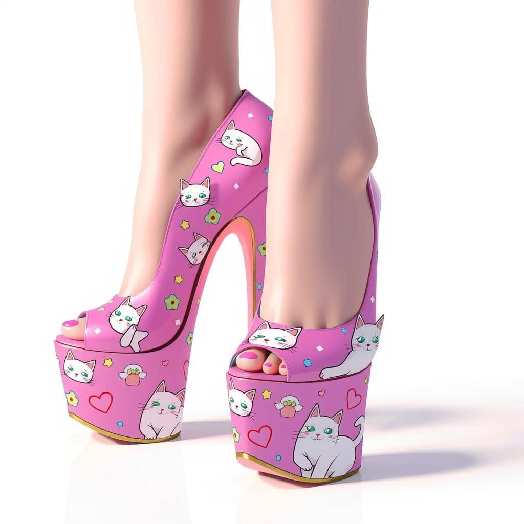Sleek Anime-Style Heels with Whimsical Cat Patterns
