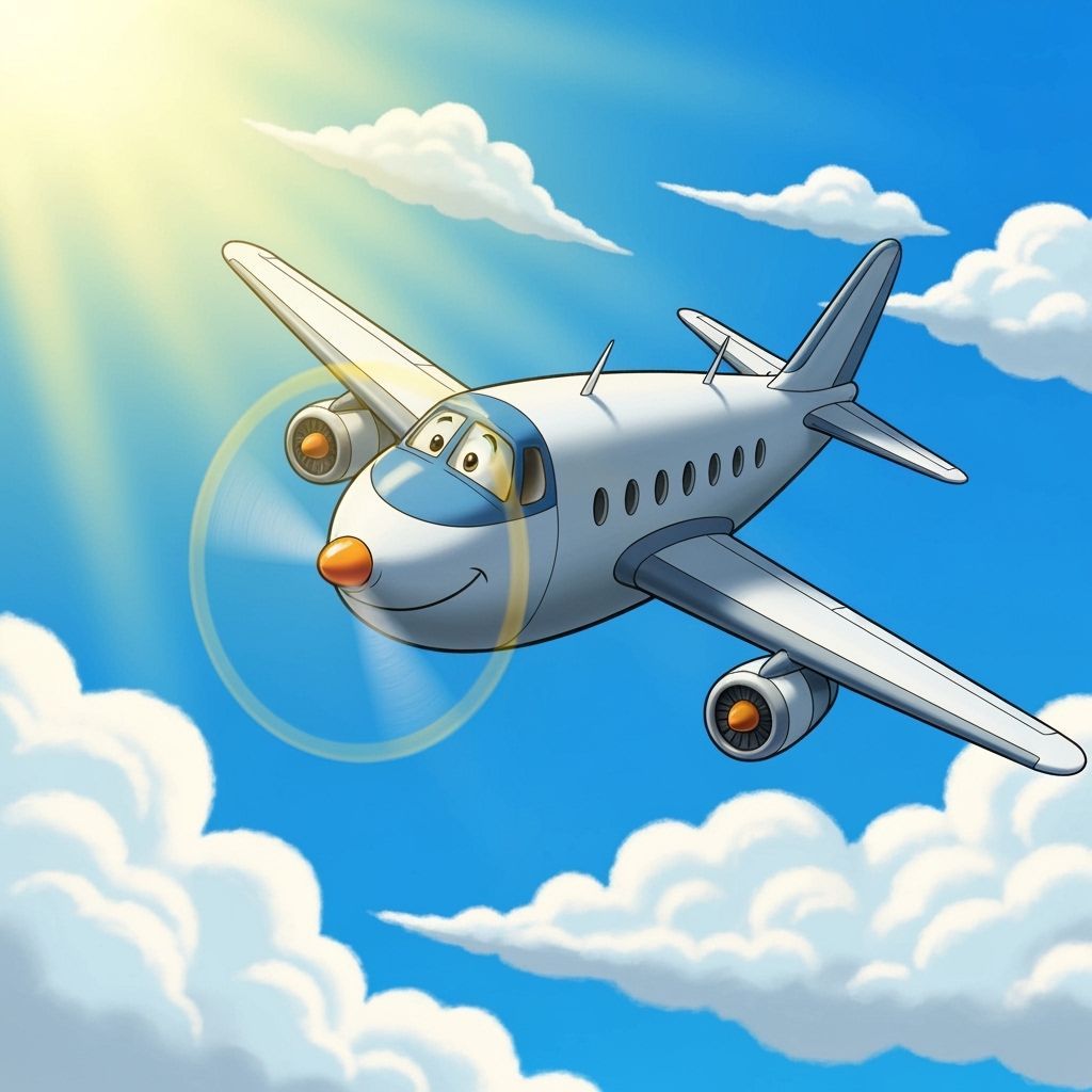 Joyful Cartoon Airplane Soaring Through Sunny Sky