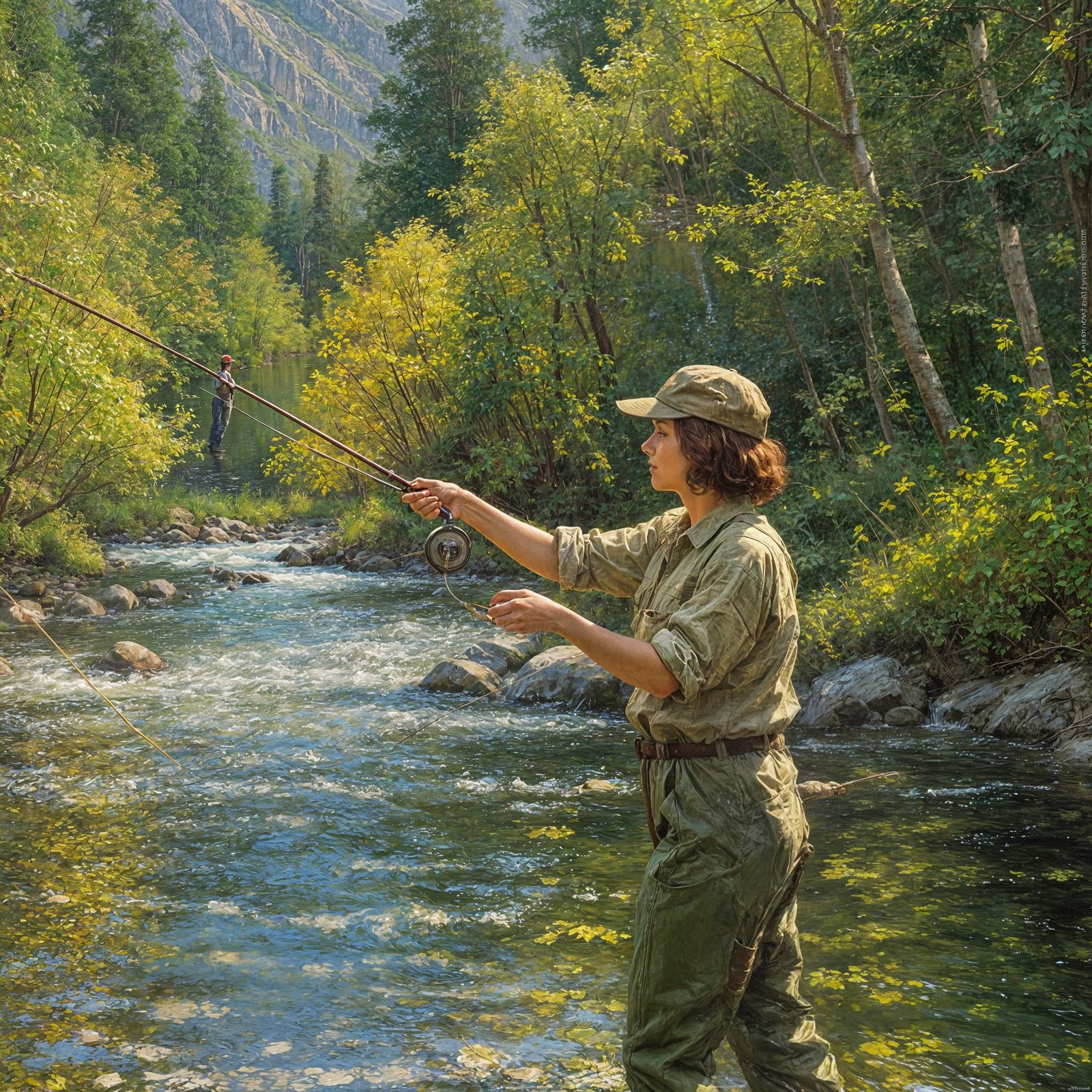 Woman Fly Fishing in Mountain River Impressionist Oil Painti...