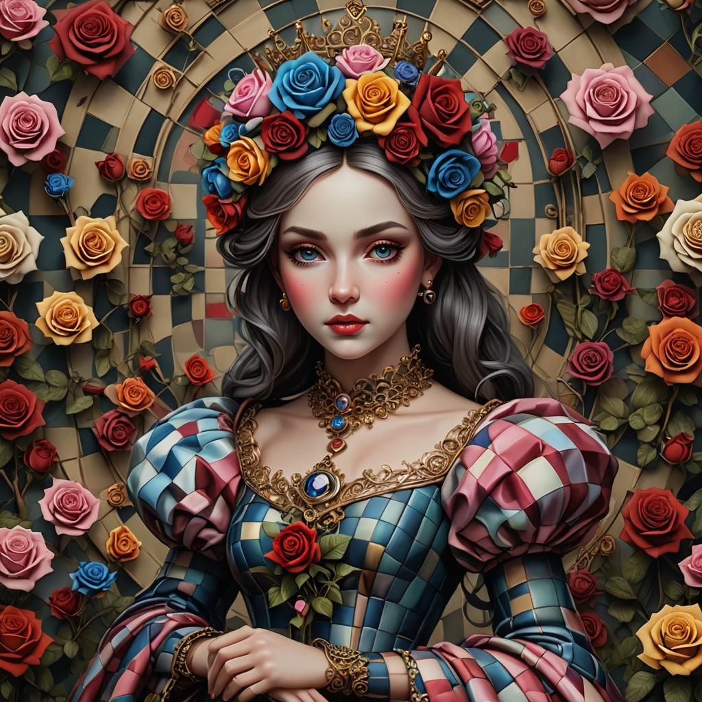 The Chequered Princess
Adapted from a prompt by Maureen Michaud, modified by Francis FC

Prompt: a surreal 3D multi-colo...