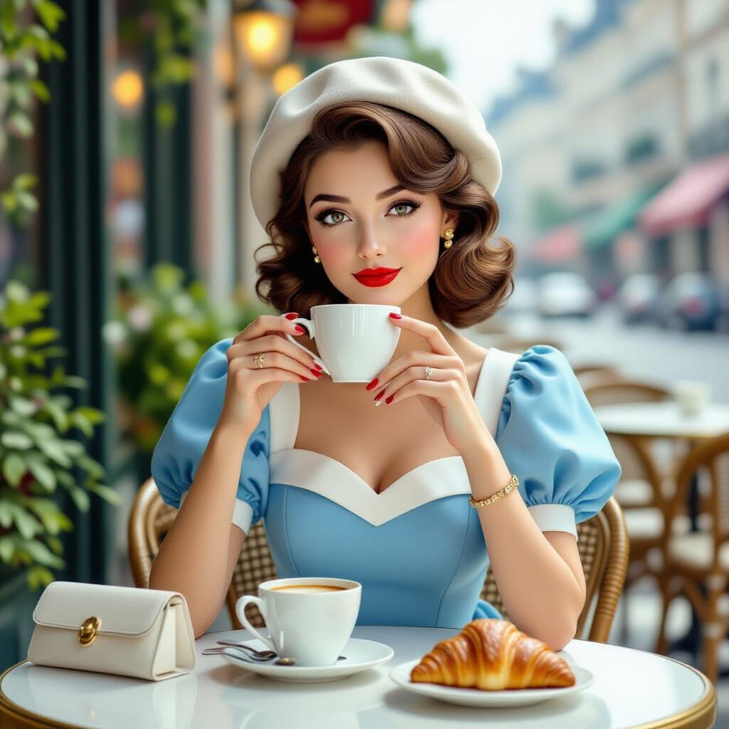 Elegant Woman in Blue Dress at Cafe, Retro Fantasy Style