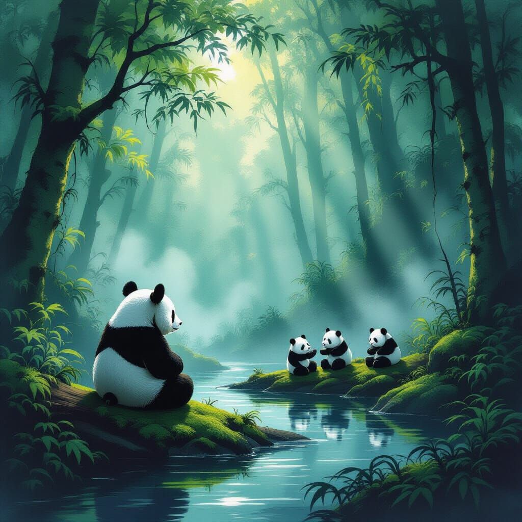 Lonely Panda in Gloomy Rainforest, Painterly Style