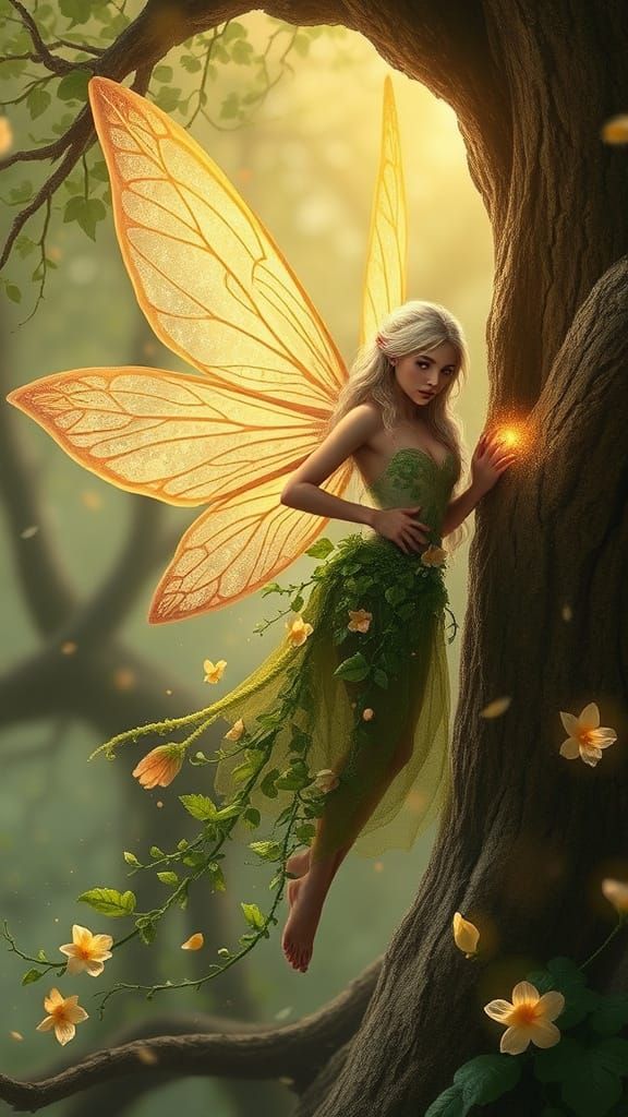 Ethereal Morning Fairy with Dew-Kissed Ivy Wings