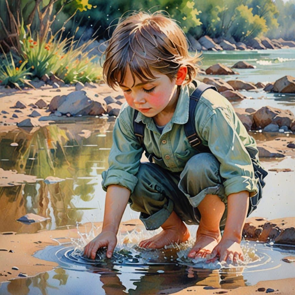 Child Washes Up: Impressionistic Watercolor in Pastel Colors