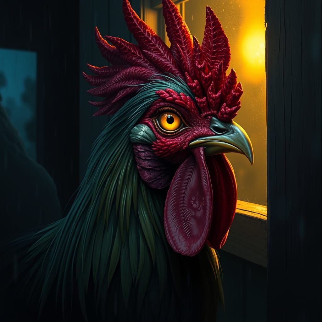 Sinister One-Eyed Rooster in Dark Fantasy Style