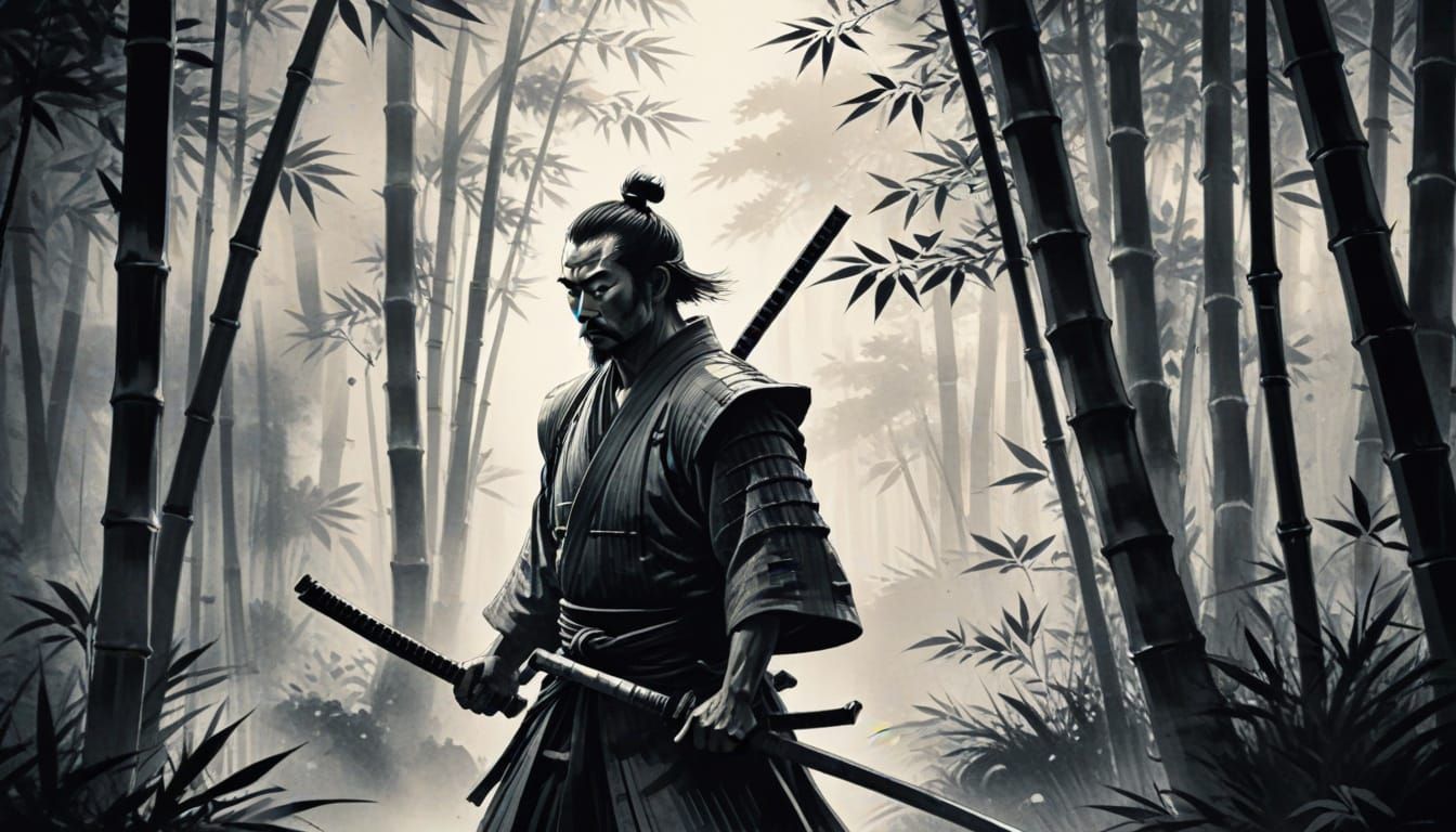 Samurai in Bamboo Forest: Japanese Ink Wash Painting