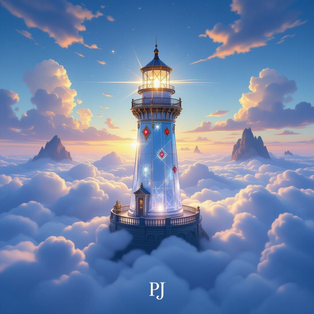 Crystal Lighthouse Atop Clouds in Dreamlike Atmosphere