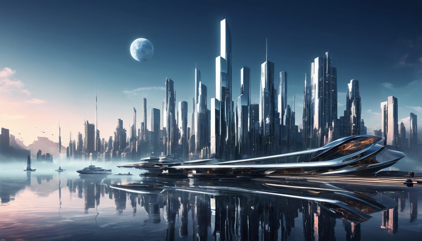 Ethereal Chrome Metropolis Rises from the Mist
