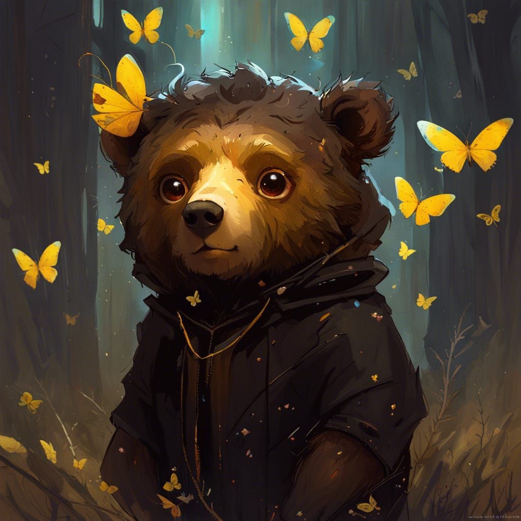 Adorable Brown Bear Surrounded by Butterflies