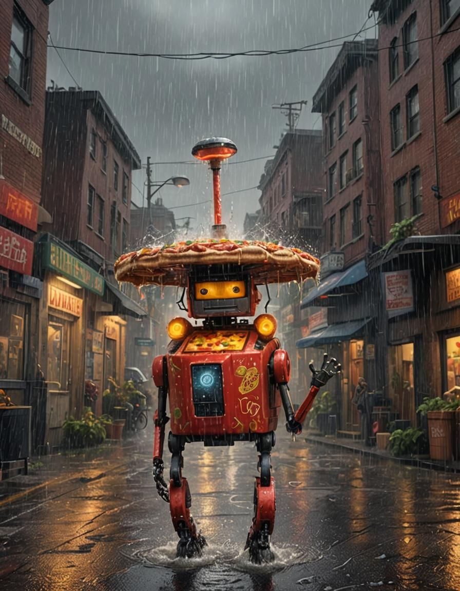 Pizza Robot in Rain: Detailed Matte Painting