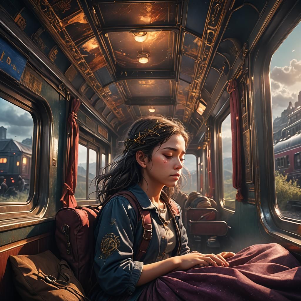 Girl Sleeping on Train: Detailed Matte Painting