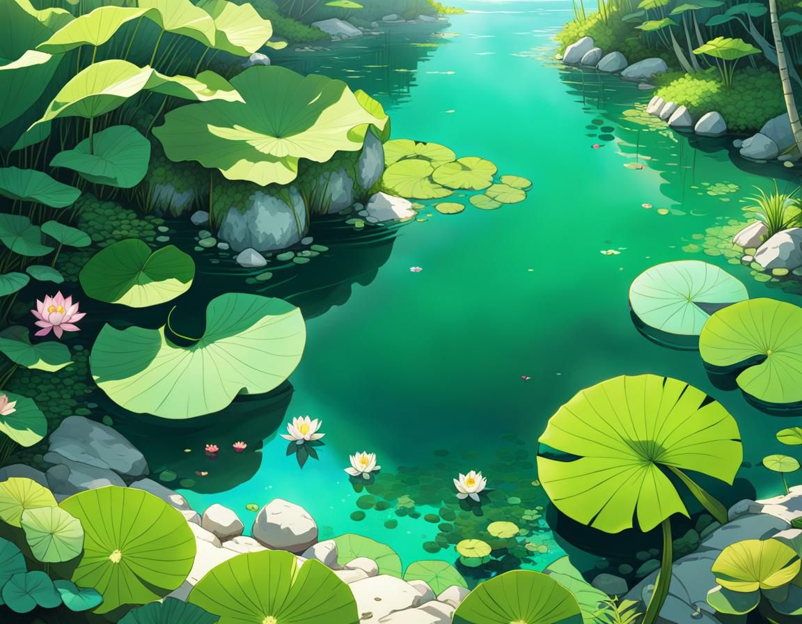Transparent Lake: Top-Down View in Anime LOFI Style