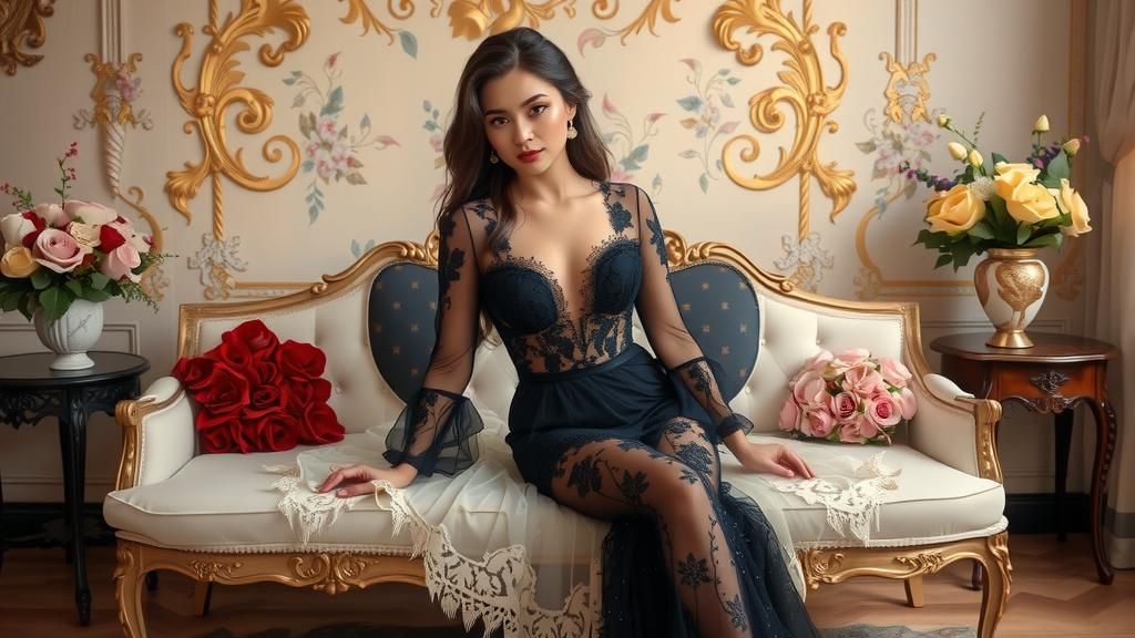 Elegant Woman in Lace Gown: Hyperrealistic Portrait