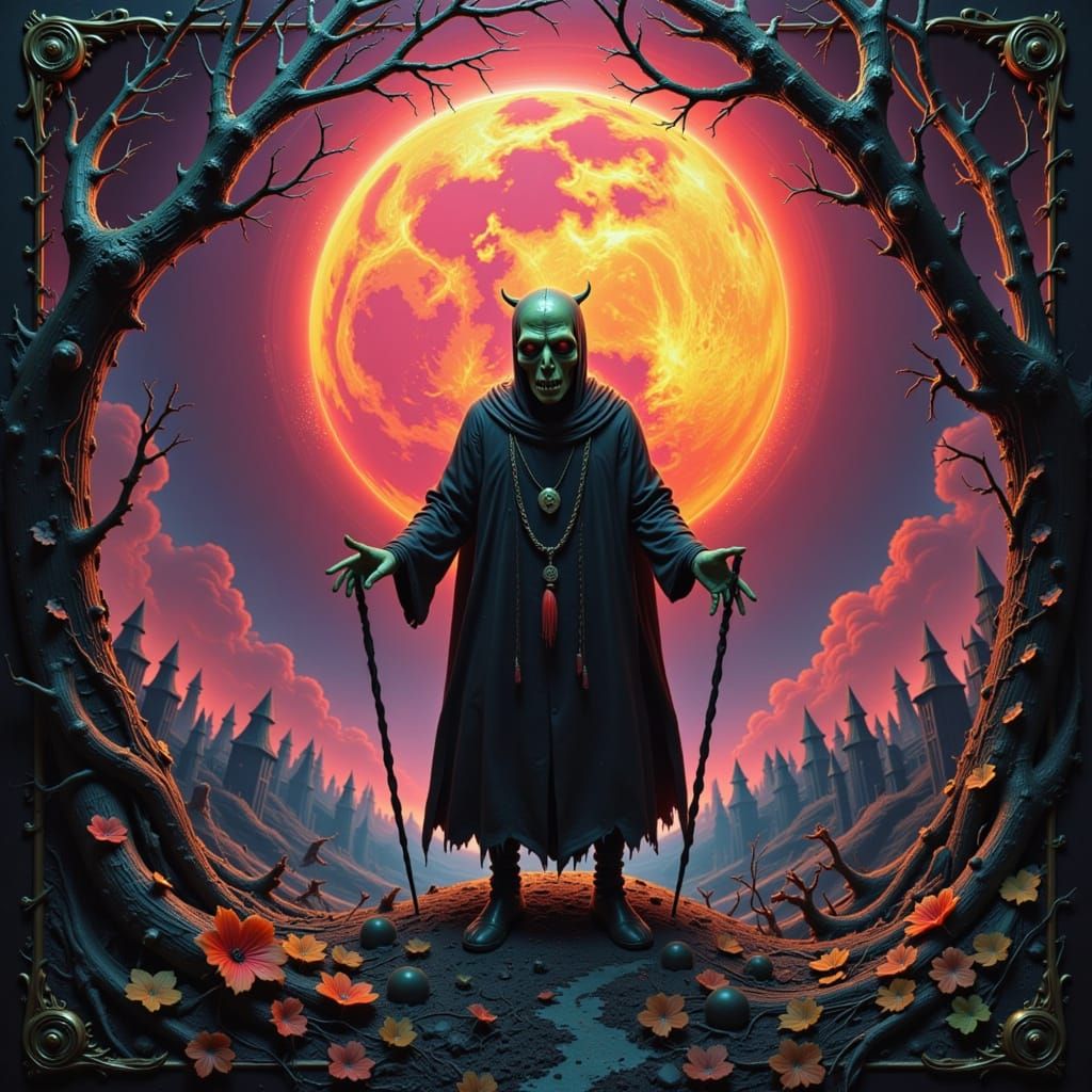 Old Man Wizard Gazes Over Hamlet in Celestial Autumn